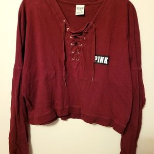 Victoria's Secret Pink burgundy lace front ls crop top
